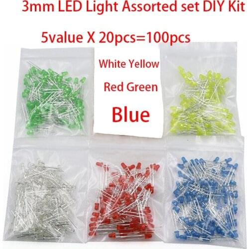 100pcs 3mm LED Light Assorted set DIY Kit White Yellow Red Green Blue 5value X 20pcs=100pcs Independent packing