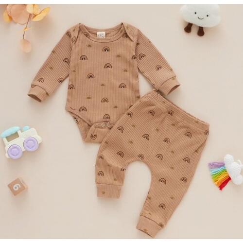 Toddler Baby Boys Girls 2pcs Casual Rompers Ribbed Outfits Rainbow & Sun Print Long Sleeve Jumpsuits + Trousers Infant Clothes