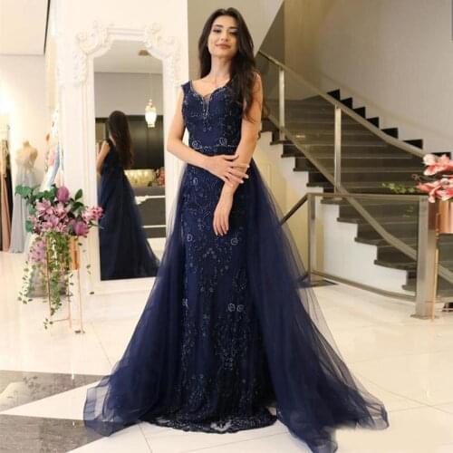 Navy Blue Mermaid Evening Dresses with Detachable Train Appliques Beaded Crystal Tulle Overskirt Formal Evening Gowns