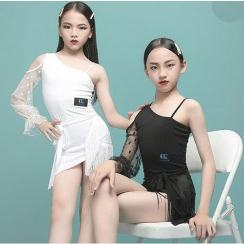 2021 G3520 One Side Sleeve Patchwork Tassel Kids Latin Dance Dress Girl Modern Dancing Performance Dress Belly Dancing Costume