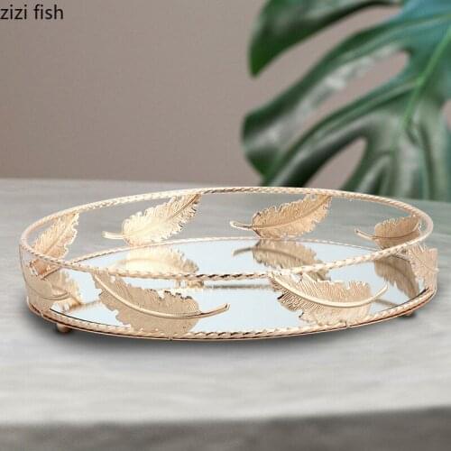 European Leaf Sculpture Trays Decorative Mirror Glass Gold Tray Dressing Table Cosmetic Containers Metal Framed Storage Plates