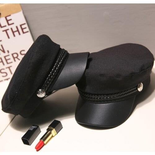 Fashion Unisex PU Leather Military Hat Spring Autumn Sailor Hats for Women Men Black Grey Flat Top Captain Cap Travel Cadet Hat