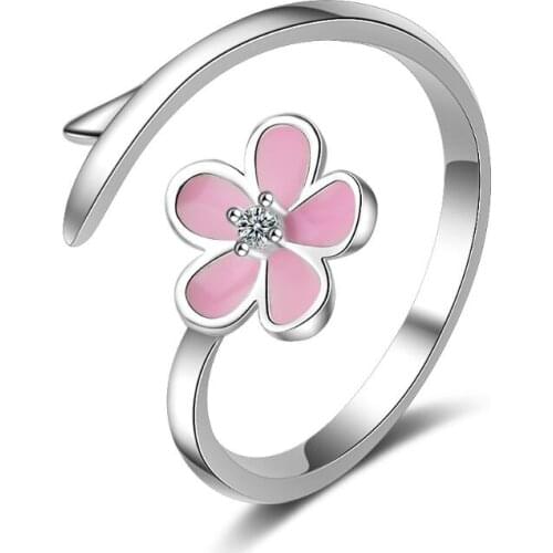 New Sweet Cherry Blossoms Flower Distorted Opening Rings For Women Girls 925 Sterling Silver Jewelry Party Gift Anillos SAR65