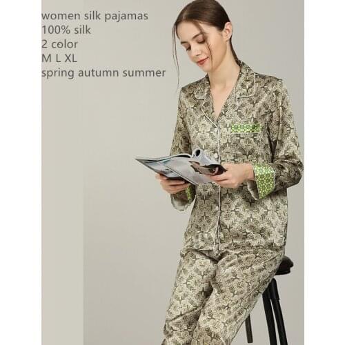 Naizaiga 100% silk silkworm silk long sleeve two-piece suit green Hounds tooth girl luxury pajamas suit , SKFS7