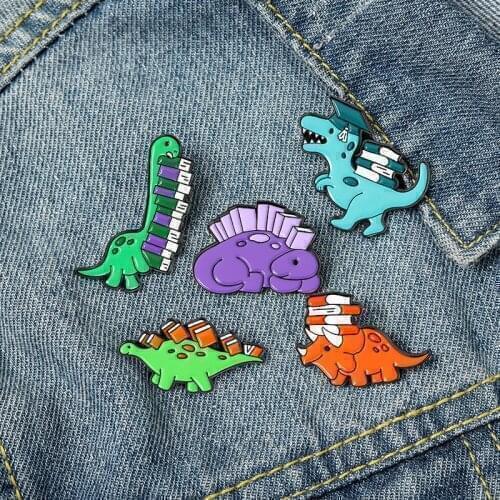 Creative Punk Retro Animal Dinosaur Doctor Enamel Brooch Book Learning Pins Cartoon Alloy Badge Woman Jewelry Gift For Kid