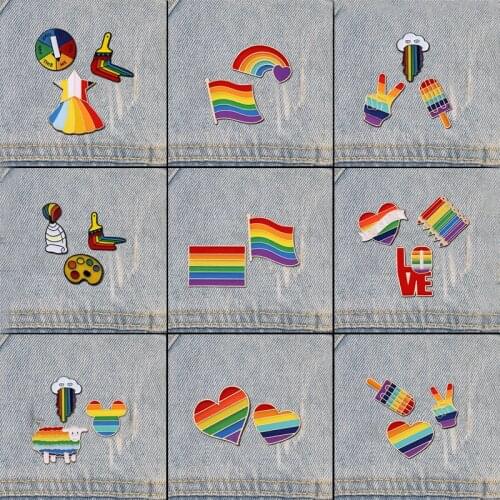 Creative Brooches Jewelry Finger Flag Rainbow Sheep brush heart Metal Pins Couple Badge Lapel Pin Denim shirt LGBT Design Gift