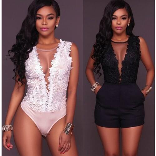 Summer Sleeveless Lace Sexy Lingerie Lace Floral Catsuit Ladies Mesh V-neck Catsuit Top Party Wedding Erotic Costume