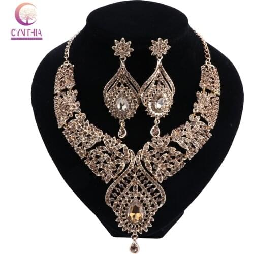 Statement India Style Necklace Earrings Sets Bridal Wedding Party Necklace Water Drop Gold Crystal Jewelry Sets