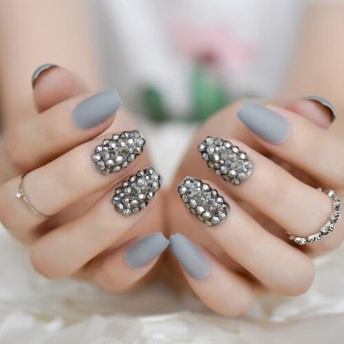 Matte Gray Punk Style Press on Nail Fashion Gray Rhinestones Coffin False Nails Tips Artificial Frosted Fake Nail Art Pre-design