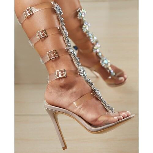 Fashion Bling Bling Colorful Cystal Flowers Decor High Heel Sandal Boots Women PVC Designer 4 Buckles Nude Sandals Plus Size 42