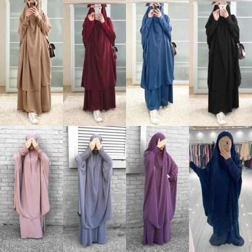 Muslim Set Two Piece Prayer Garment Nida Abaya Dress Women Jilbab Long Khimar Robe Kaftan Niqab Islam Dubai Clothes Eid Ramadan
