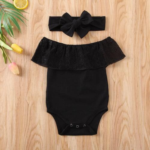 Pudcoco Newborn Baby Girl Clothes Solid Color Off Shoulder Lace Ruffle Romper Jumpsuit Headband 2Pcs Outfits Clothes Sunsuit