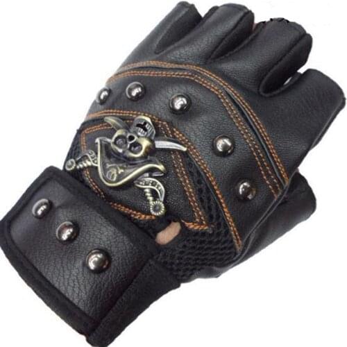 JIAZHOUHU Skulls Rivet PU Leather Fingerless Gloves Men Women Fashion Hip Hop Womens Gym Gloves Half Finger Mens Gloves