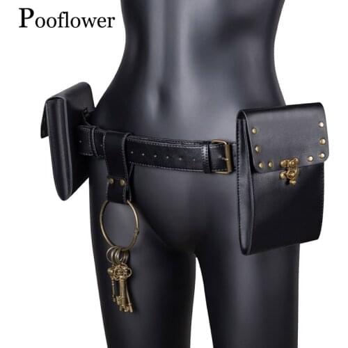 Pooflower Pouch Bag for Phone punk Moto Mini Waist Belt Bag Men Running Bag Vinatge PU Leather Bum Bag for Women heuptasje ZH098