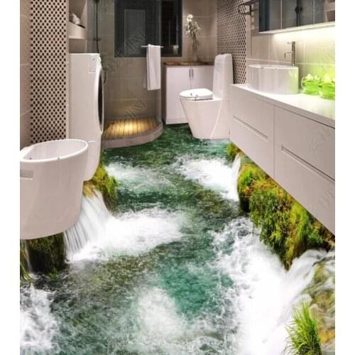 PVC Beautiful river waterfall natural landscape non-slip waterproof self-adhesive 3D floor sticker tiles bathroom 3D wallpaper