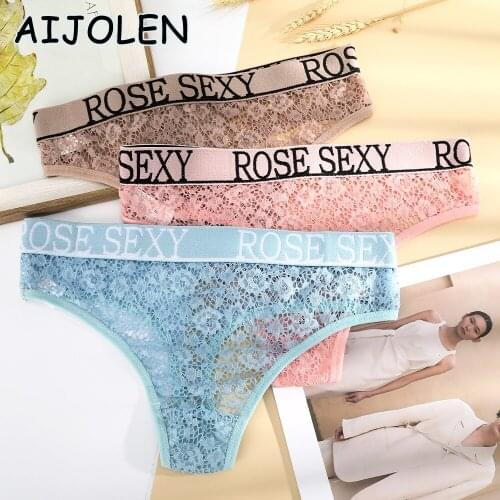 AIJOLEN Sexy Lace Letter Panties Hollow Perspective Ladies Thong and G String Solid Color Embroidered Underpants for Women