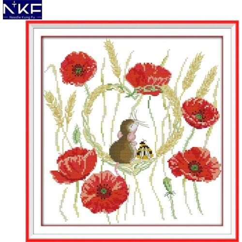 NKF Poppy and mouse animal style needle craft cross stitch charts counted stamped Chinese cross stitch kits for home decoration