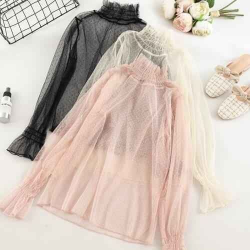 Spring Women Flare Sleeve Polka Dot Lace Mesh Gauze Basic Ruffles Shirt Lady Elastic Slim Voile Tulle Pullover Chic Blouse Tops