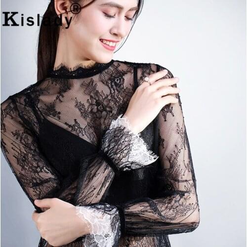 Kislady 2020 New Spring Summer Transparent Black Lace Blouse Hot Fashion Patchwork Mesh Top See Through Top Women Sexy Shirt