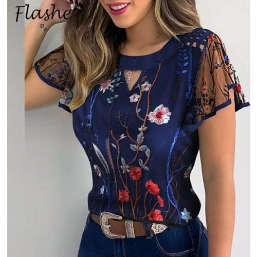 Sexy Shirt Women Elegant Short Sleeve Print Ladies T Shirt Hollow Out Lace Patchwork Ruffle O Neck Tops Ladies Mesh Tee 2021