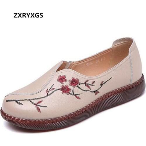 2021 New Spring Exquisite Embroidered Genuine Leather Shoes Soft Sole Comfortable Single Flat Shoes Woman Fashion Casual Shoes