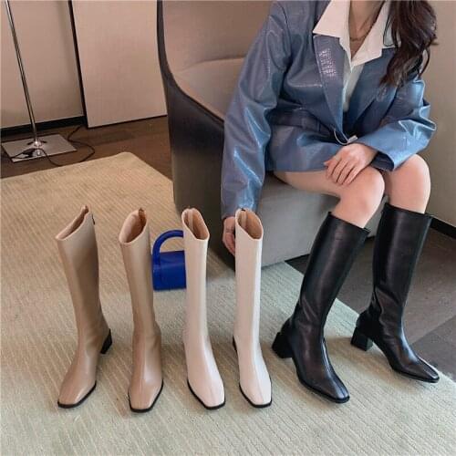 Round Toe Women Knee Boots Knight Booties Square Mid Heels Black/Beige/Khaki Party Winter Boots Fashion Shoes Woman Size 35-39