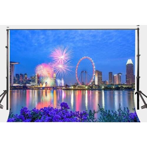 150x220cm Singapore City Night View Backdrop Sky Wheels Colorful Fireworks Photography Background Party Studio Props