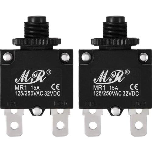 2Pcs MR1-5A 10A15A20A Thermal Overload Protector AC 125/250V 15A Push Button Reset Circuit Breaker