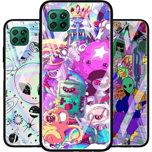 Aesthetics Cartoon Alien Tempered Glass Cover For Huawei P40 P30 P20 P10 P Smart Z Pro Plus Lite 2020 2021 Phone Case
