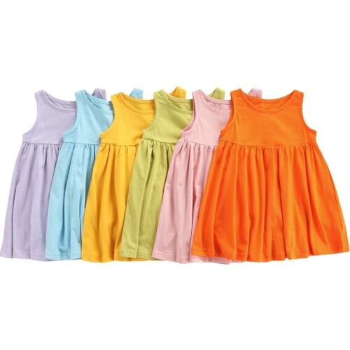 2021 Kids Dress, Solid Color Round Neck Sleeveless Gown Sundress for Summer, Orange/Pink/Green/Yellow/Blue/Purple 1-7T