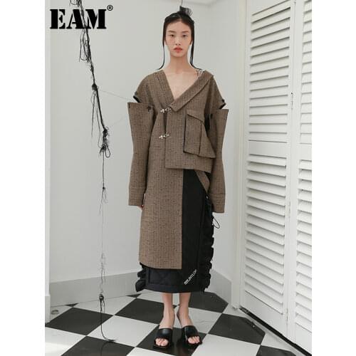 [EAM] Loose Fit Big Size Irregualr Pocket Woolen Coat Parkas New Long Sleeve Women Fashion Tide Autumn Winter 2021 1DD2175