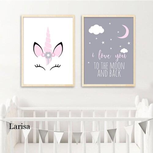 Nordic Print Canvas Poster Baby Girl Nursery Quotes Wall Art Moon Painting Unicorn Kids Room Decoration Picture No Frame