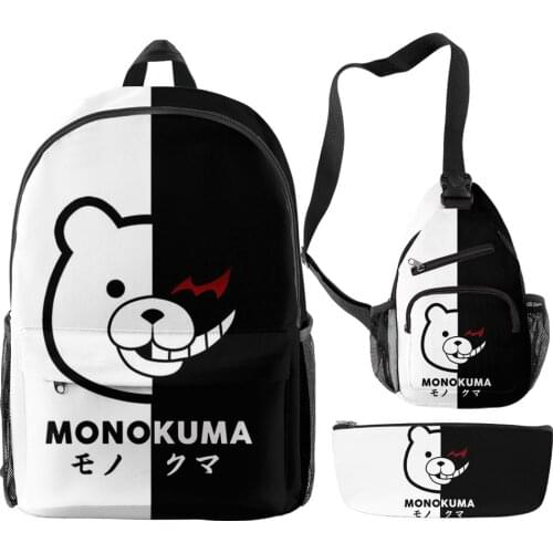 Danganronpa Monokuma Children Boys Girls Backpack Set 3 Pieces Teenager Students Cartoon 3D Oxford Travel Laptop Backpack