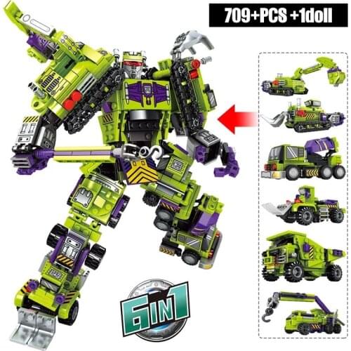 709pcs 6in1 Transformation Robot Building Block City Engineering Excavator Car Truck Constructor Bricks Toys For Children