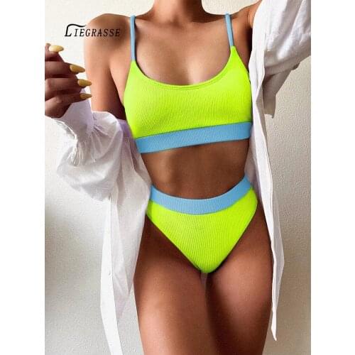 Liegrasse High Waist Bikinis 2020 Swimwear Women Push Up Swimsuits Solid Black Biquini Patchwork Bathing Suits Strap Swim Suit