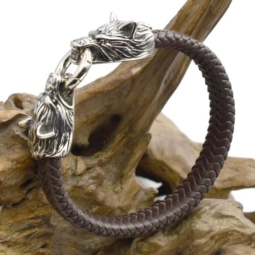 Viking Stainless Steel Wolf Head Wide Leather Chain Bracelet Mens Fashion Bracelet Length Optional 19cm.21cm.23cm