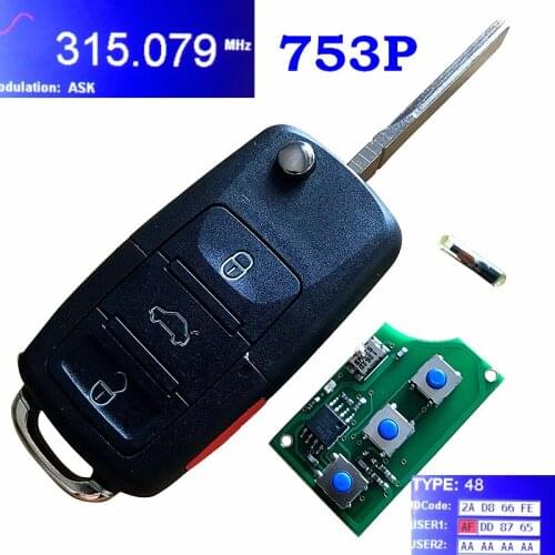 NEW 4 BUTTON KEYLESS REMOTE ENTRY FOB TRANSMITTER UNCUT KEY HLO1K0959753P FOR VolksWagen 2005-2007 315MHZ ID48 CHIP
