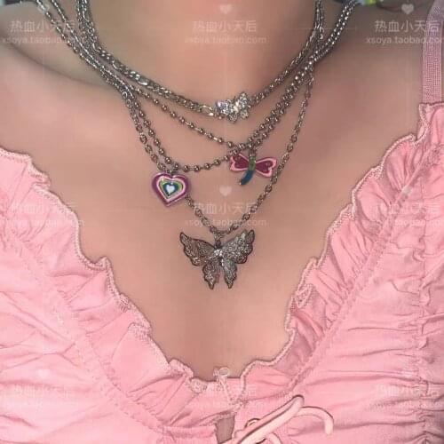 Punk Butterfly Gradient Love Dragonfly Necklace for Women Personality 90S Accessories Gothic Style Indie Jewelry Woman Choker