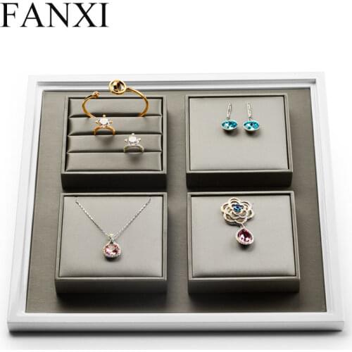 FANXI PU Leather Jewelry Display Tray with Solid Wood Champagne Ring Necklace Bangle Earring Display Stand Organizer Showcase