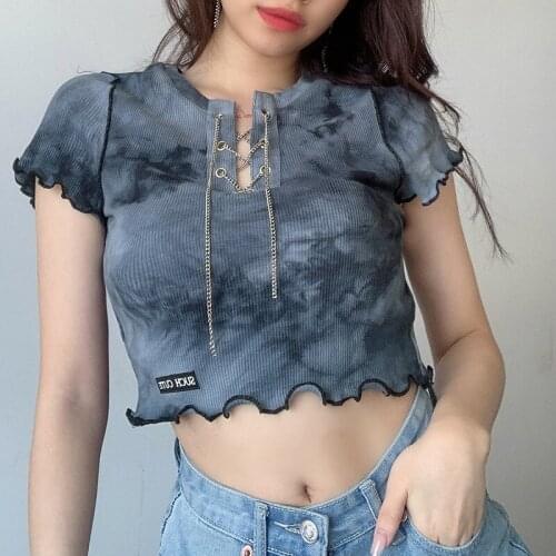 Tie Dye Print Crop Top Short Sleeve Tshirt Chains Frill Harajuku T-shirt Women Fashion Ribbed Top Tee Shirt Summer Clothing