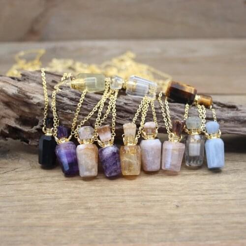 Natural Amethysts Druzy Cap Essential Oil Vial Pendant Citrines Cherry Blossom Agates Perfume Bottle Necklace Women Gifts QC1115