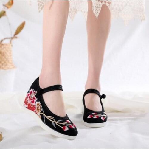 Spring Autumn New National Style Wedges Height Increasing Shallow Embroider Buckle Canvas Women Pumps Ladies Casual Shoes