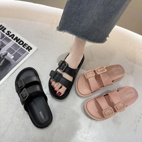 Womens Slippers Flat-bottomed Womens Versatile Platform Shoes Womens Fashion Beach PU Slippers Belt Buckle Decoration