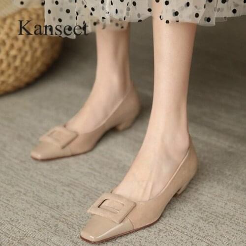 Kanseet Spring Summer Womens Pumps New Genuine Leather Party Dress Square Buckle Elegant Mid Heels Comfort Shallow Female Shoes