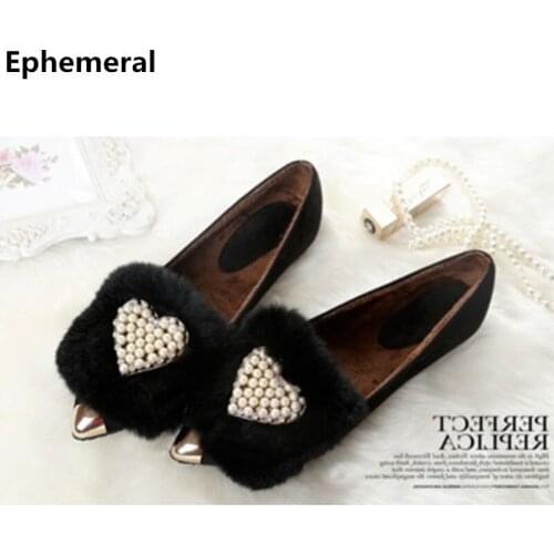 Female Winter Flats Pointy Toe Shearling Insole Rabbit Hair Slip-on Grey Pink Sweet Crystal Plus Size 34-17 47 Fashion Shoes