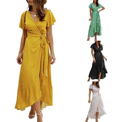Women Short Sleeve Dress with Ruffle Decoration, Irregular Hem Adjustable Belt Summer Bohemian Style Beach Sundress, 4 Colors