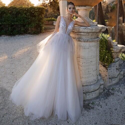 V-Neck Appliques Lace Backless A-Line Tulle 2021 Wedding Dress Bridal Gown Vestido De Novia