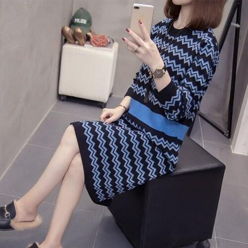 2020 Fall/Winter Plus Size Womens Mid-Length Knitted Sweater Dress Fashion Contrast Color Stripe Long Jumper Shirt Vestido y695