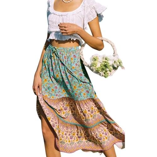 2021 Women Boho High Waist Print Skirt Ladies Female Stylish Skirt A line Loose Sundress Lace Up Beach Holiday Skirts
