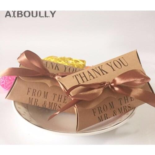 50pcs DIY Mr&Mrs Thank You Kraft Pillow Shape Wedding Favor Gift Bag Candy Box With Ribbons Vintage Wedding Party Christmas Gift